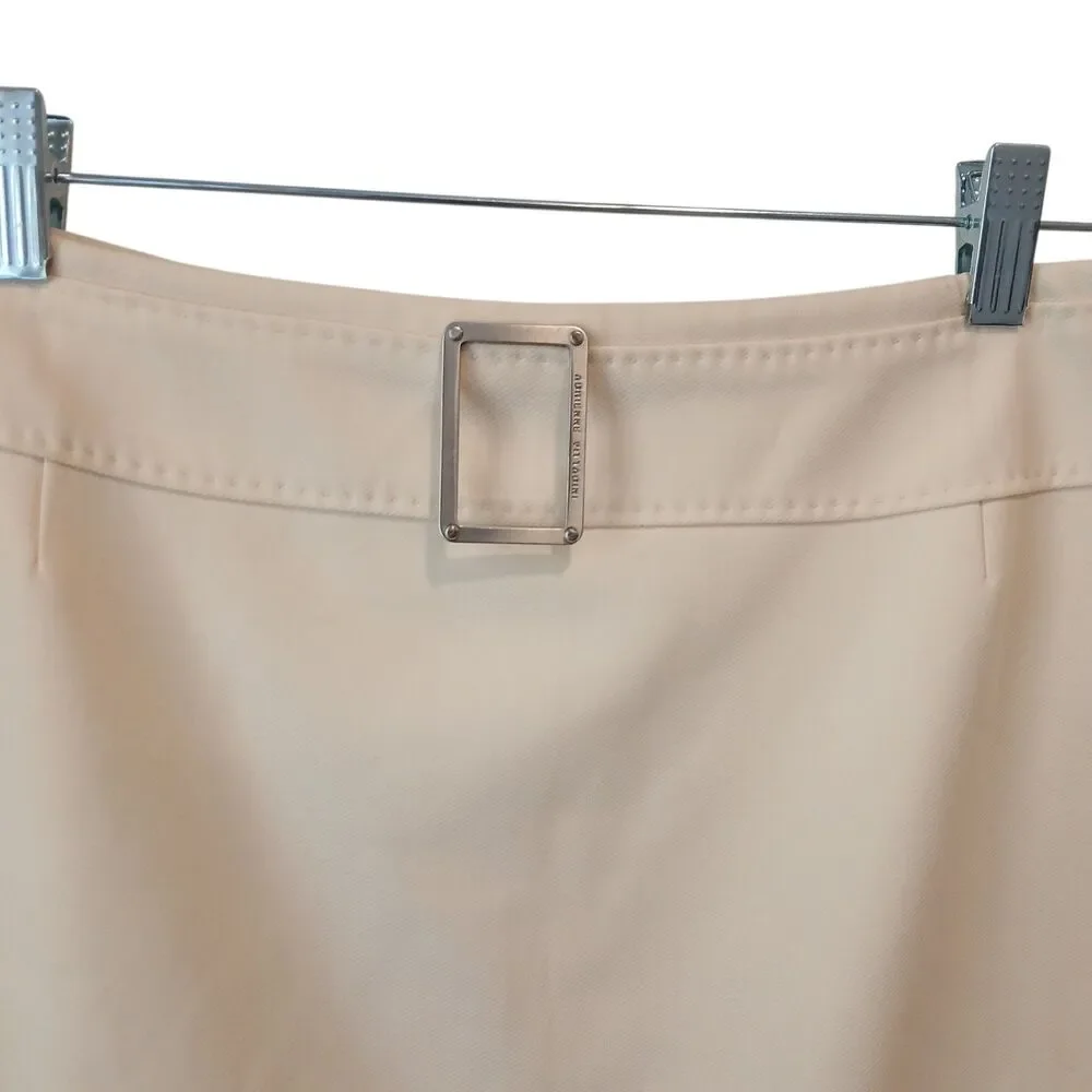 Adrienne Vittadin Skirt Ivory Cream White Size 8 Virgin Wool Silver Logo Buckle